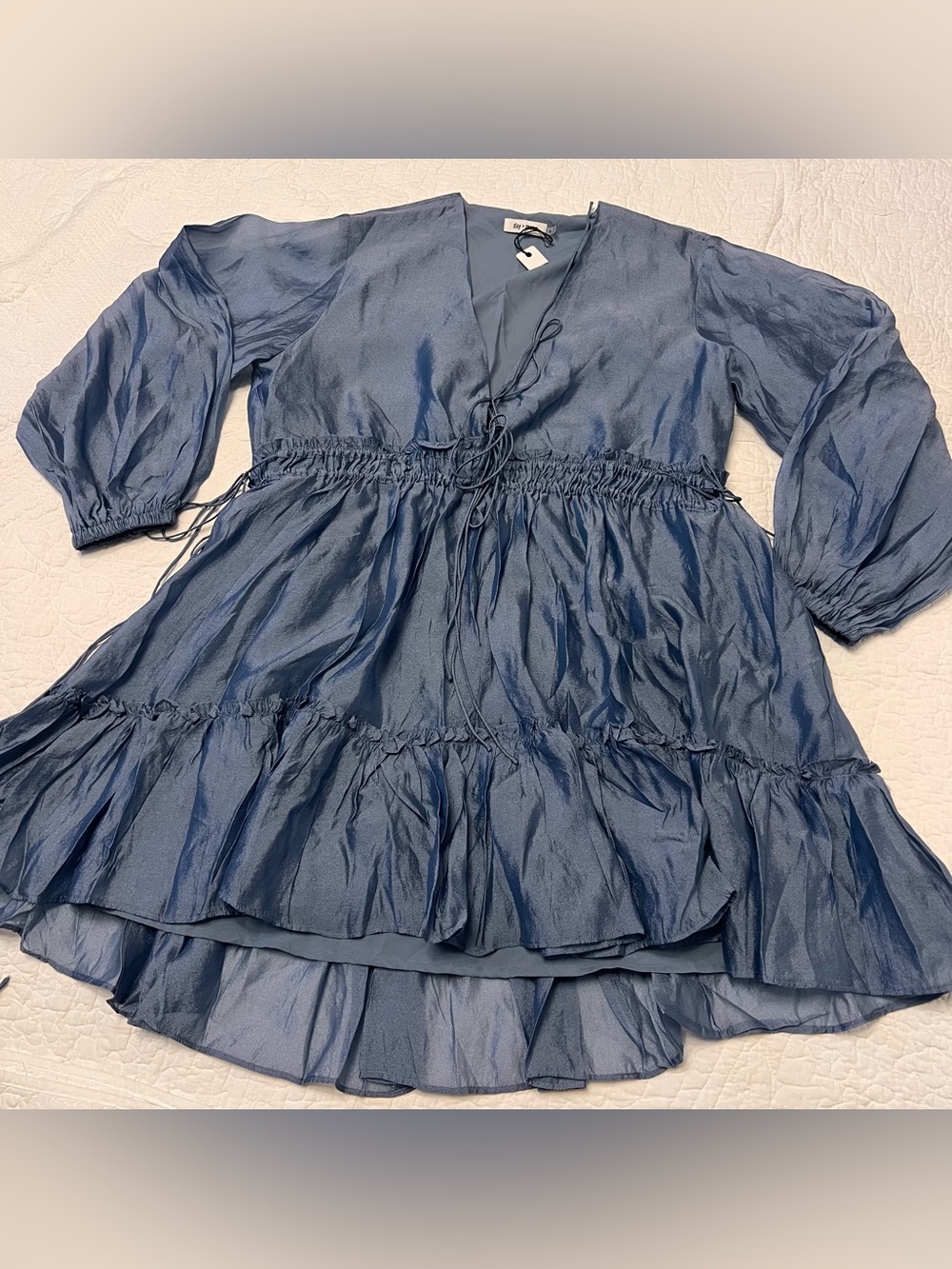 blue mini dress  V-neckline lace-up drawstring front, long balloon sleeves sz M